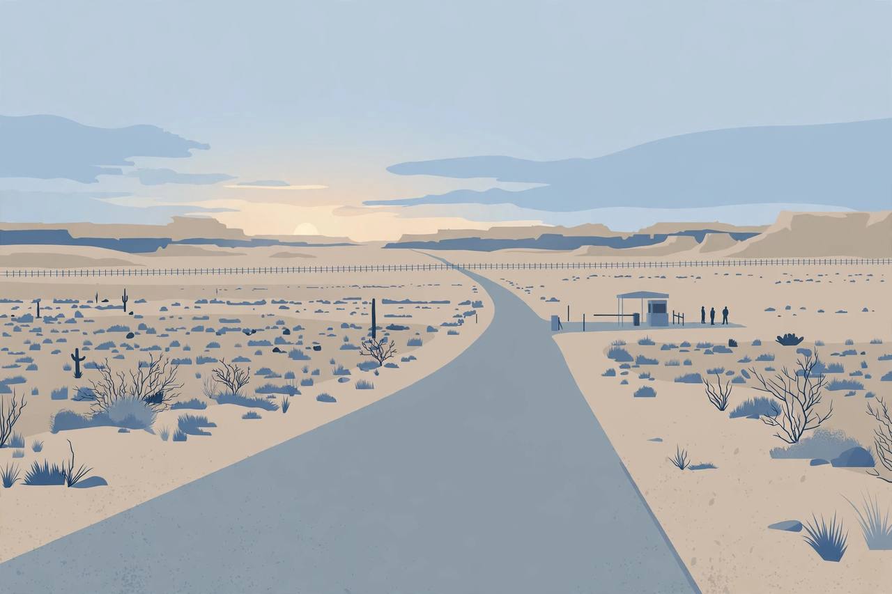 Editorial illustration of a wide southwest desert border landscape at sunrise with a distant fence line and a small patrol checkpoint; generic figures only in distant silhouette, no real person's face