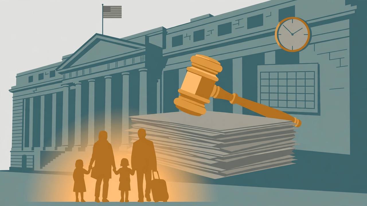 Boston federal courthouse judge blocks refugee status rule editorial illustration