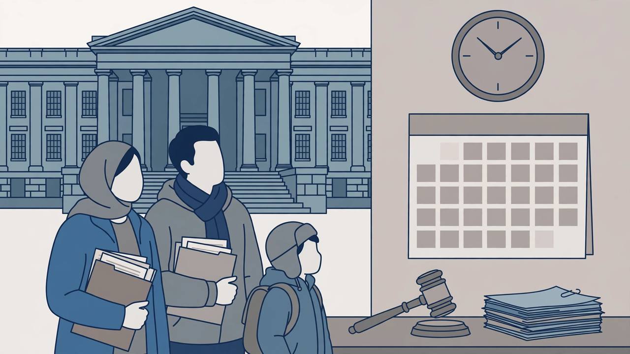 Editorial illustration of a refugee family holding documents in front of a federal courthouse, looking at a large calendar and clock