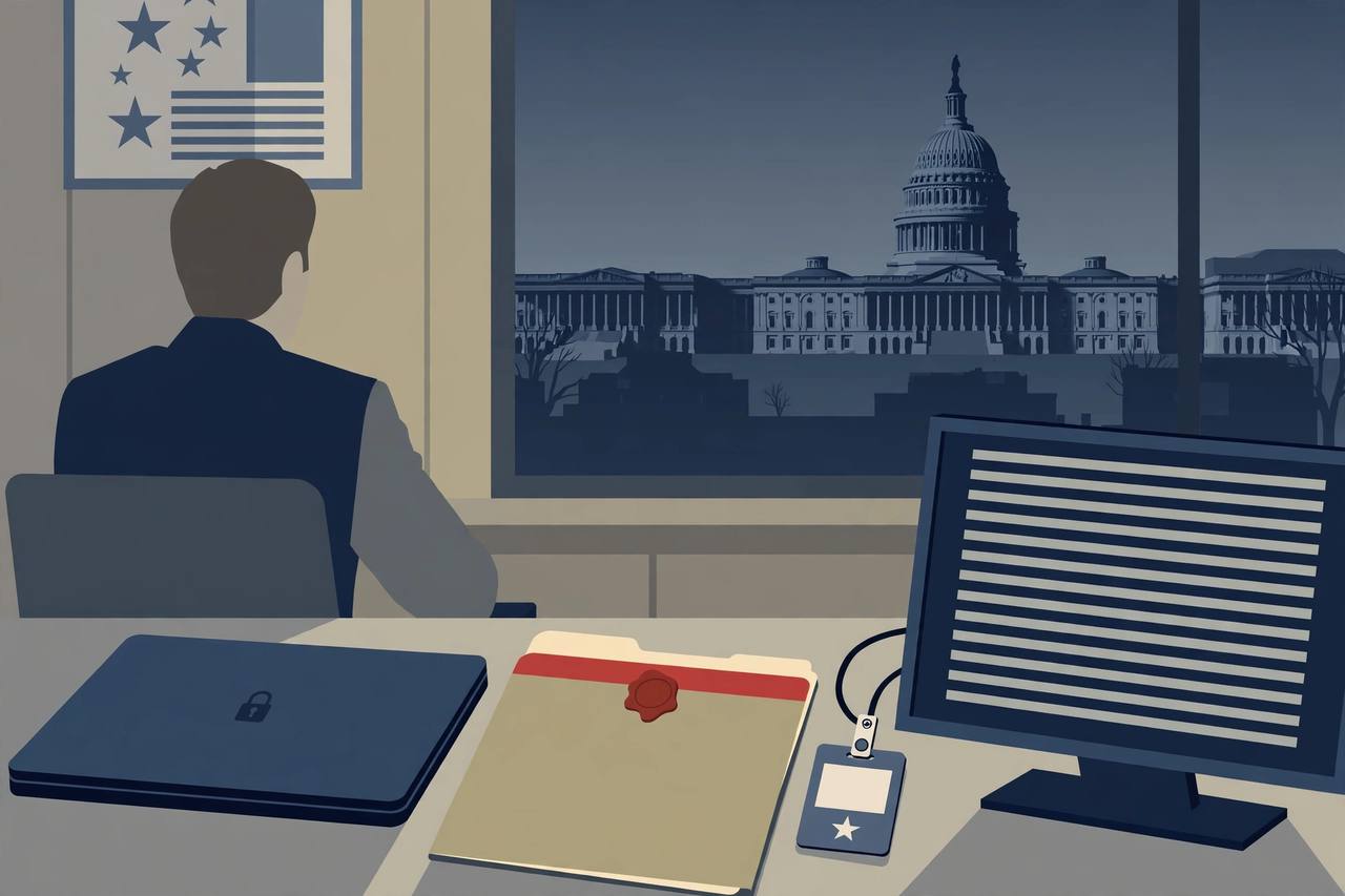 Editorial illustration of a government office desk with a sealed classified folder, a security badge and a laptop, a government building in the background