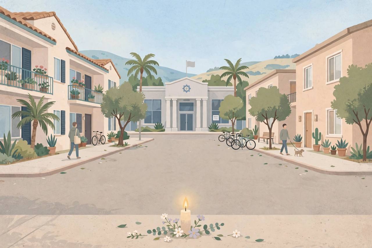 Editorial illustration of a quiet generic California street with a memorial candle — no real person or incident depicted
