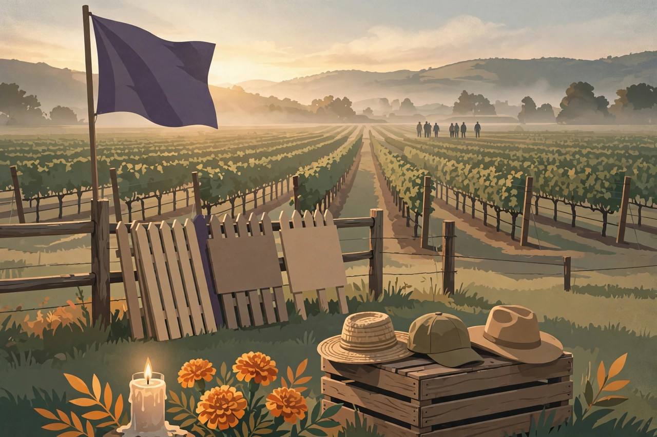 Editorial illustration of a Central Valley grape field at dawn with a union banner, a candle and marigold flowers in memory of farmworker leader Dolores Huerta