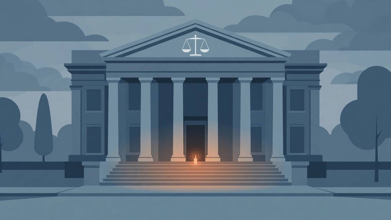(Editorial illustration) A county courthouse at dusk with a scales-of-justice symbol and a single candle of remembrance on its steps.