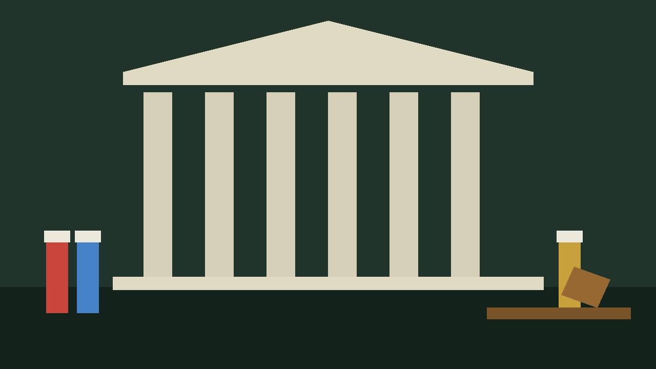Editorial illustration of a courthouse with columns and laboratory test vials in the foreground, flat style, no text, no real people