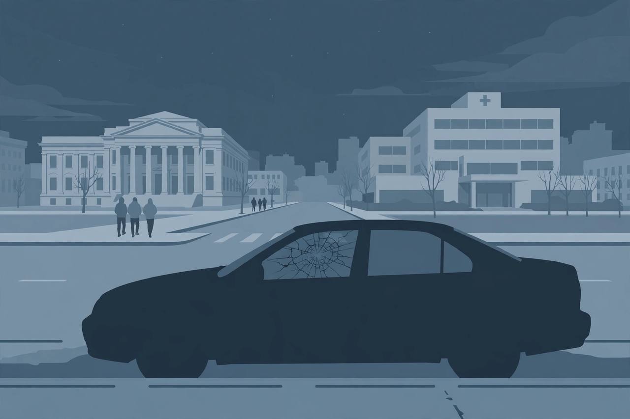 Editorial illustration of a car at night on an Oakland street with a courthouse and a hospital in the background, flat style, generic figures only, no real person depicted