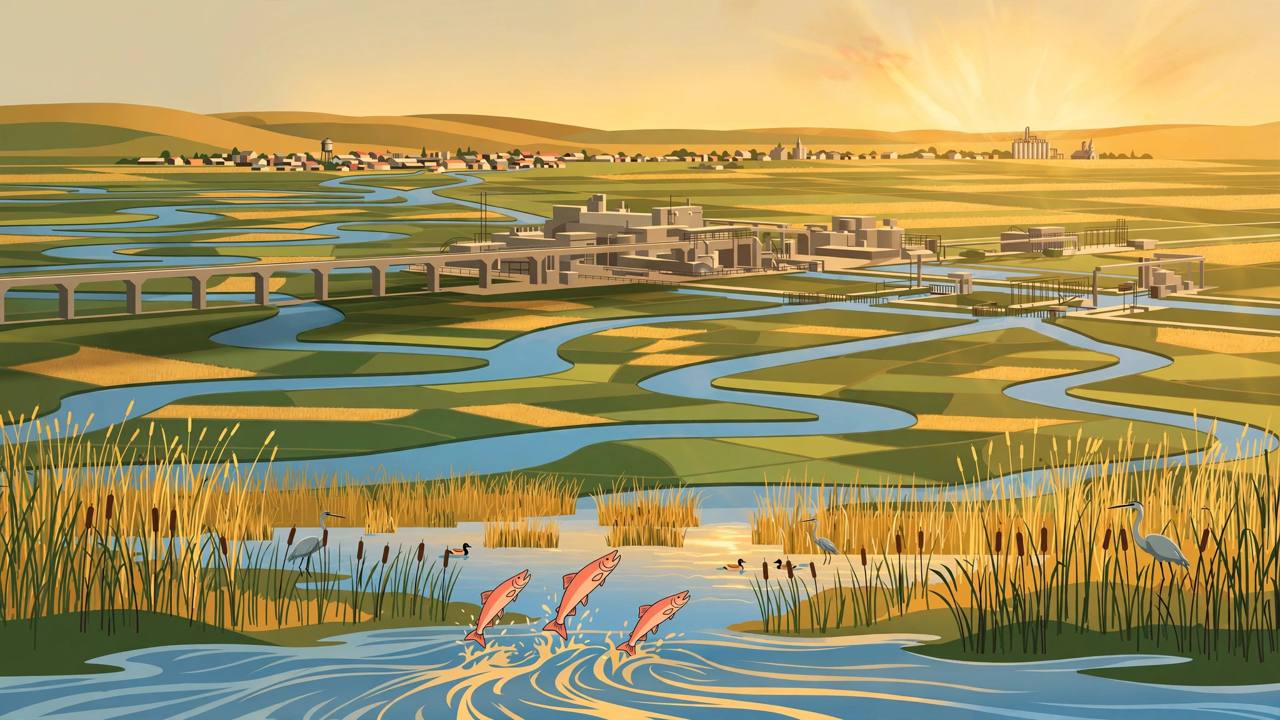 Editorial illustration of a California river delta with winding waterways, farmland, a pumping station and salmon in the river