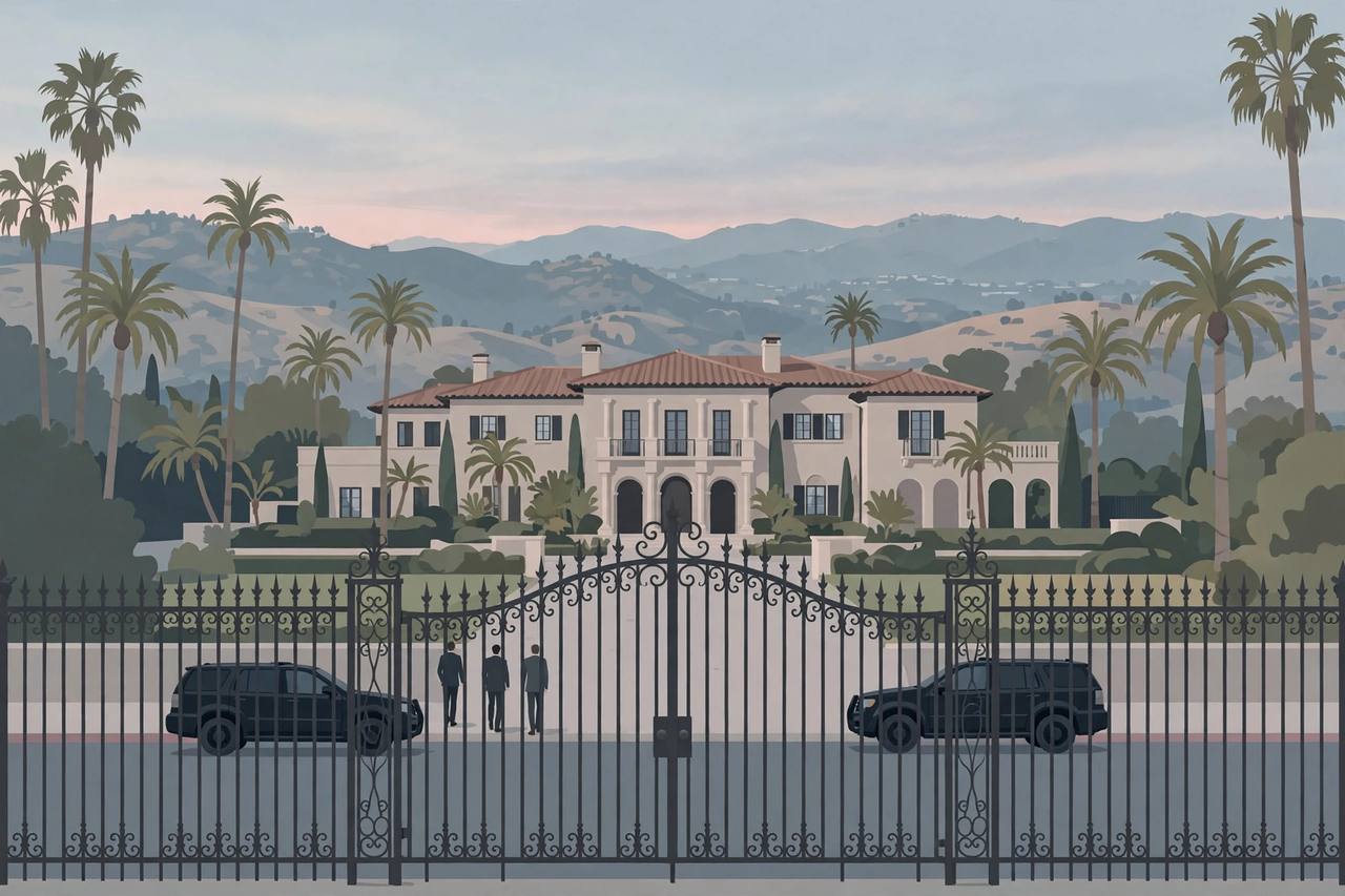 Editorial illustration of a gated Beverly Hills mansion at dawn with two plain official vehicles outside and palm trees, flat style, no person depicted in detail