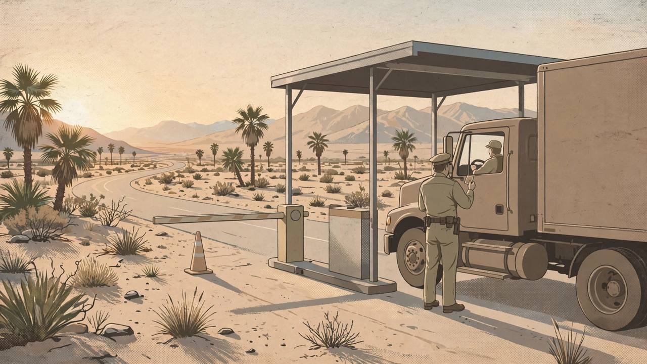 Editorial illustration of a semi-truck stopped at a desert highway checkpoint canopy near Blythe, California, with an officer checking a licence card