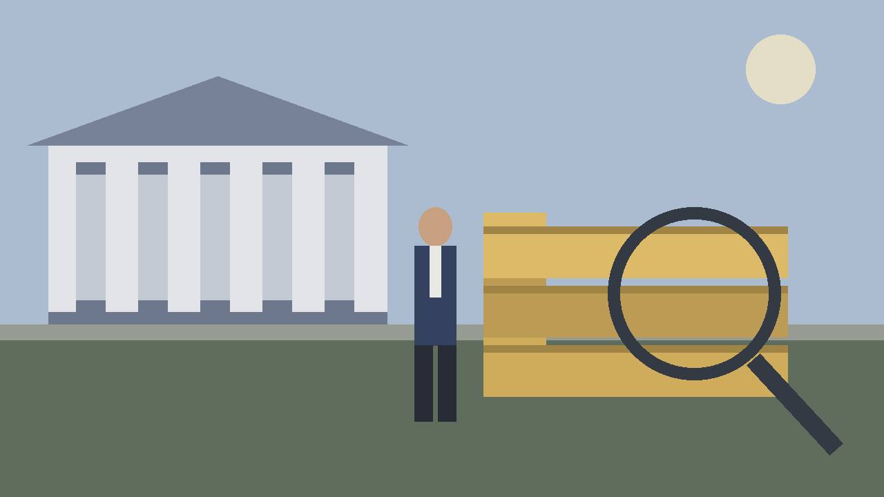 Editorial illustration of a courthouse beside a stack of plain company folders under a magnifying glass, with a generic suited figure, flat style, no real person