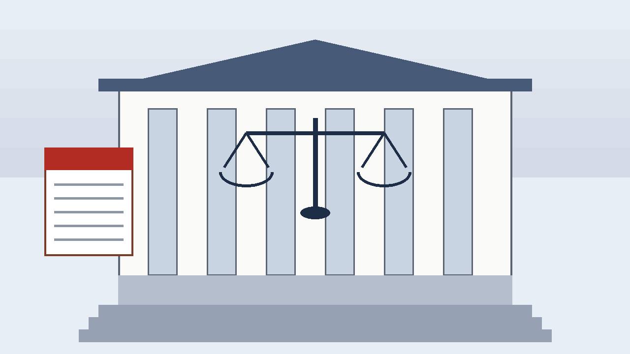 Editorial illustration of a US courthouse with scales of justice and a legal brief