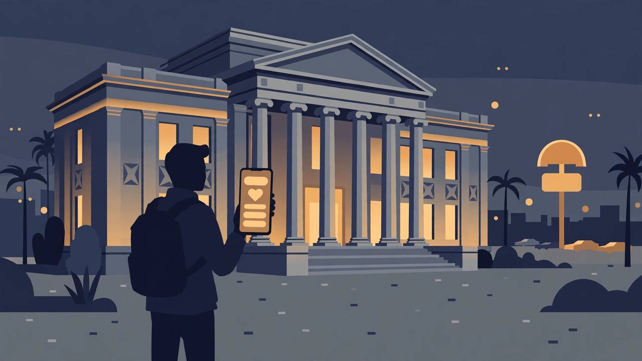 Editorial illustration of a generic federal courthouse at dusk with a silhouetted figure holding a phone showing a donation heart, flat style, no real person depicted