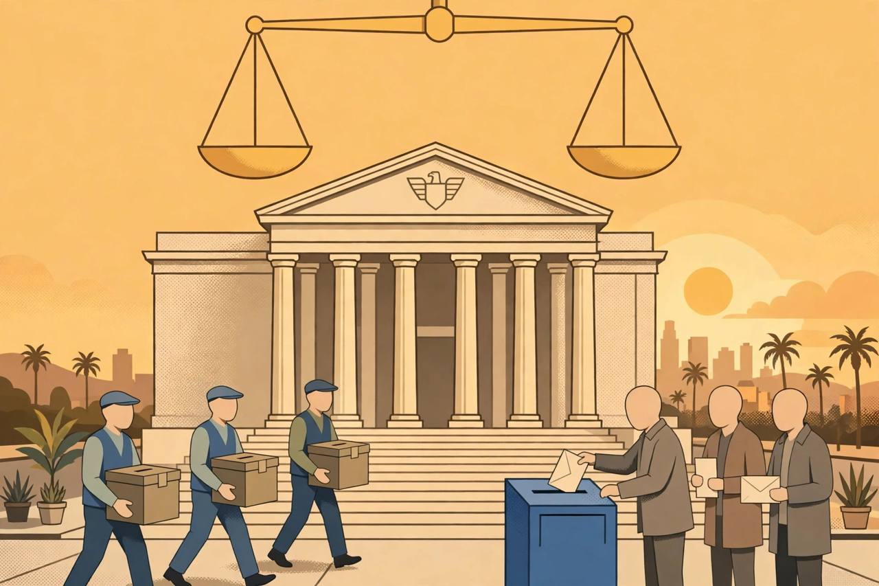 Editorial illustration of a federal courthouse in Los Angeles with election workers carrying sealed boxes of mail ballots and voters using a ballot drop box beneath a balance scale