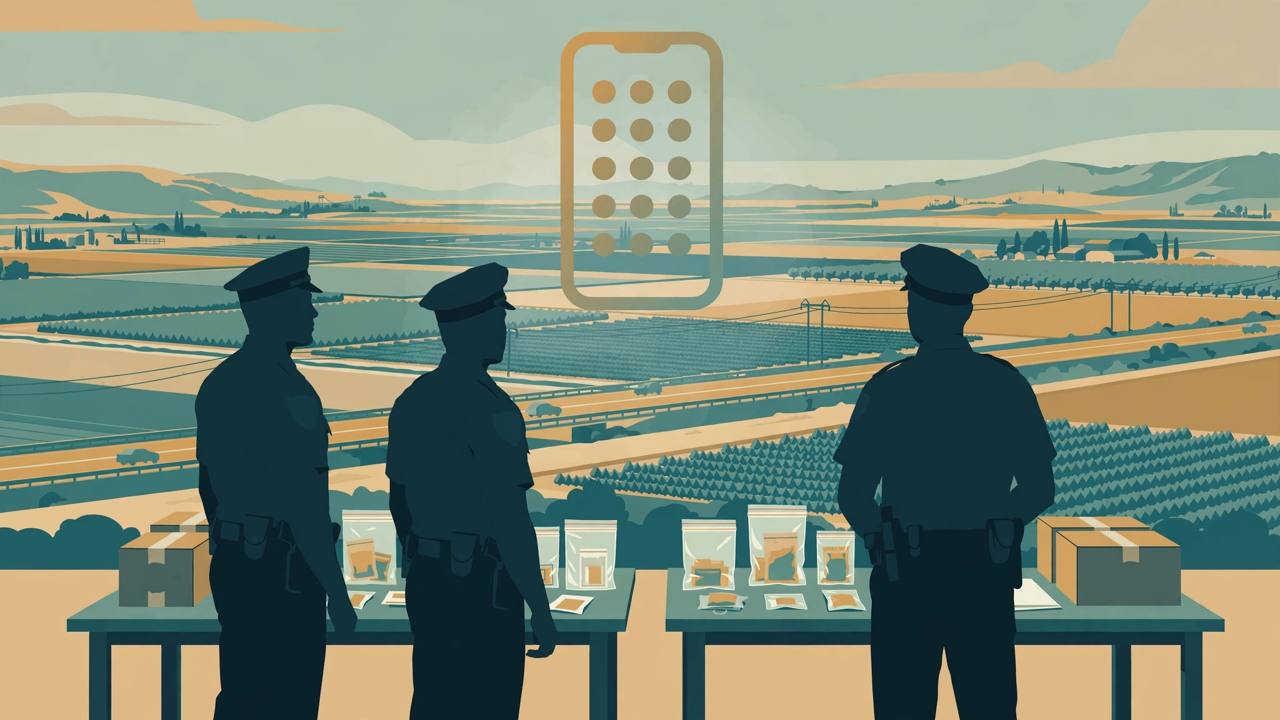 Editorial illustration of generic police officers beside evidence tables in a California Central Valley farmland landscape with a highway and a smartphone shape above, flat style, no real person depicted