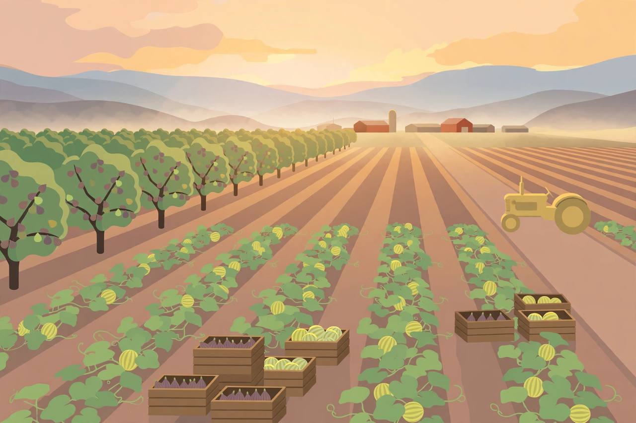 Editorial illustration of a Central Valley orchard and melon field with half-filled harvest crates and an idle tractor — no people depicted