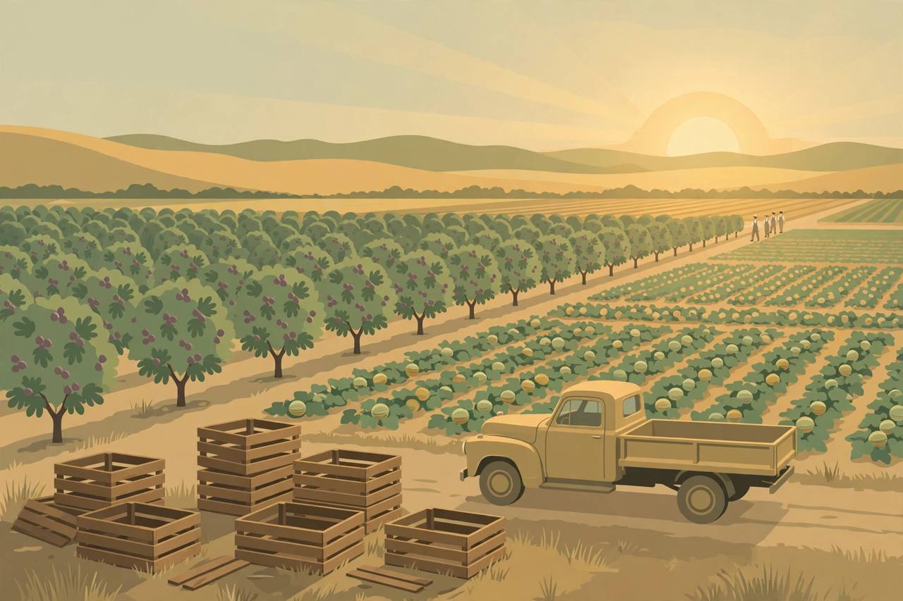 Editorial illustration of Central Valley fig and melon fields with empty harvest crates and an idle farm truck, flat style, no text, no real person depicted