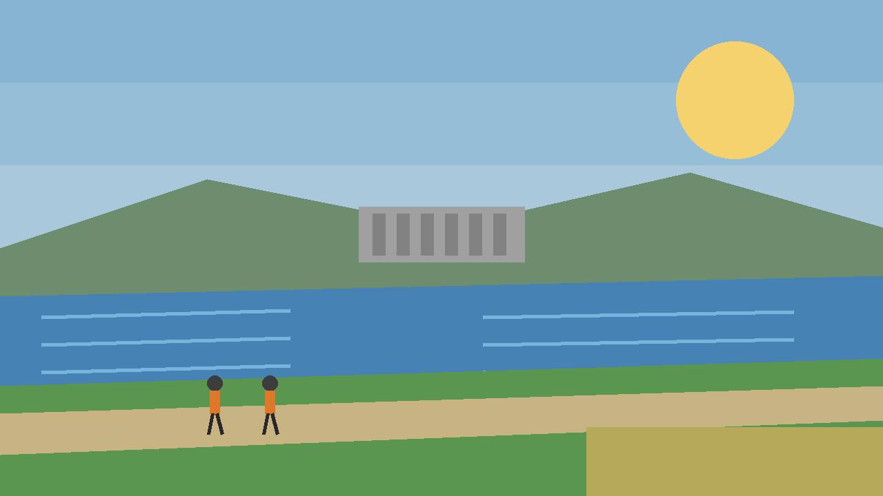 Editorial illustration of a Central Valley river levee, farmland and a dam in the distance