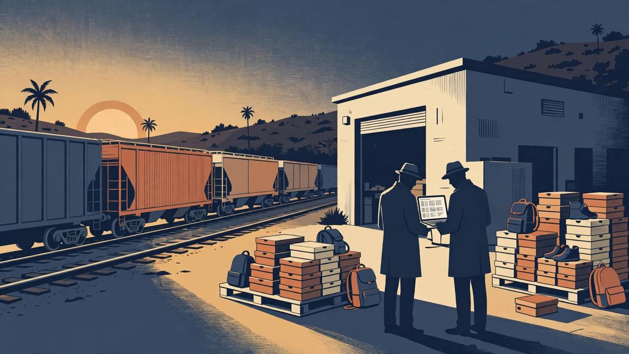 Editorial illustration of a freight train beside a Los Angeles warehouse, with two detectives examining pallets of recovered shoe boxes and backpacks