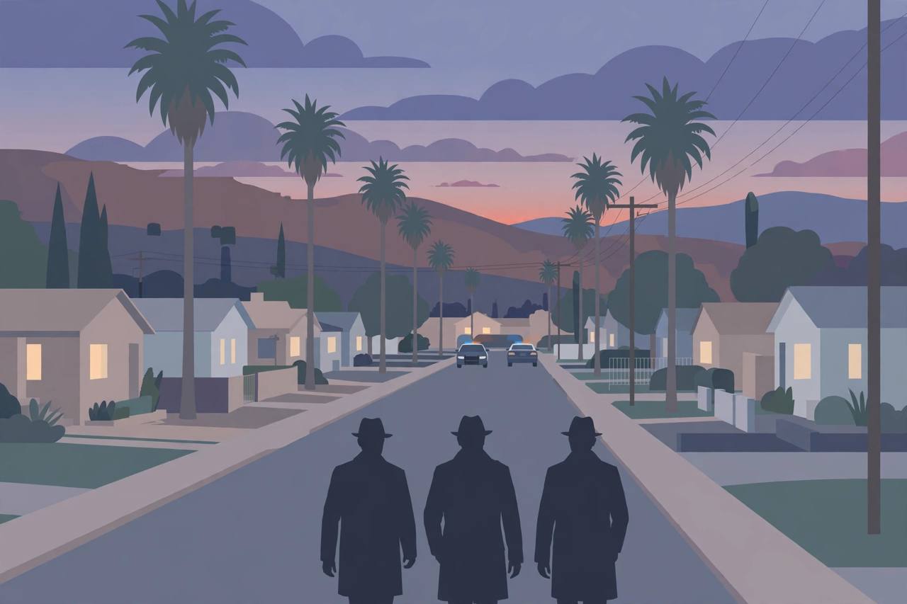 Editorial illustration of a San Fernando Valley residential street at dusk with police cars in the distance