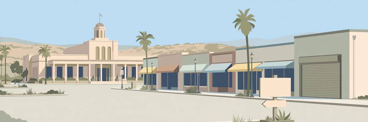 Editorial illustration of a neutral Central Valley California city scene with a civic building, palm trees and low storefronts
