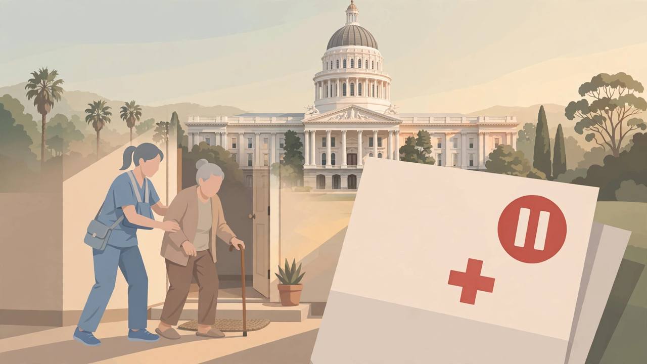 Editorial illustration of a home caregiver helping an elderly woman, with the California capitol and a paused payment document