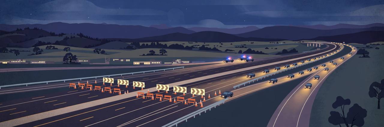 Editorial illustration of a closed California freeway at night near Concord, with distant police cars and traffic diverted onto another highway