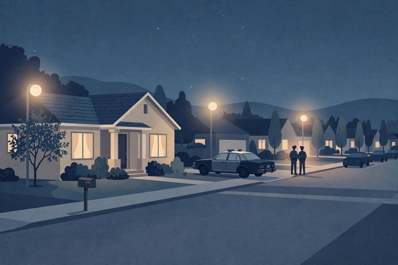 Editorial illustration of a quiet Concord, California residential street at night with a suburban house and a police car in the distance — no real event photo, no real person's face, and the incident is not depicted