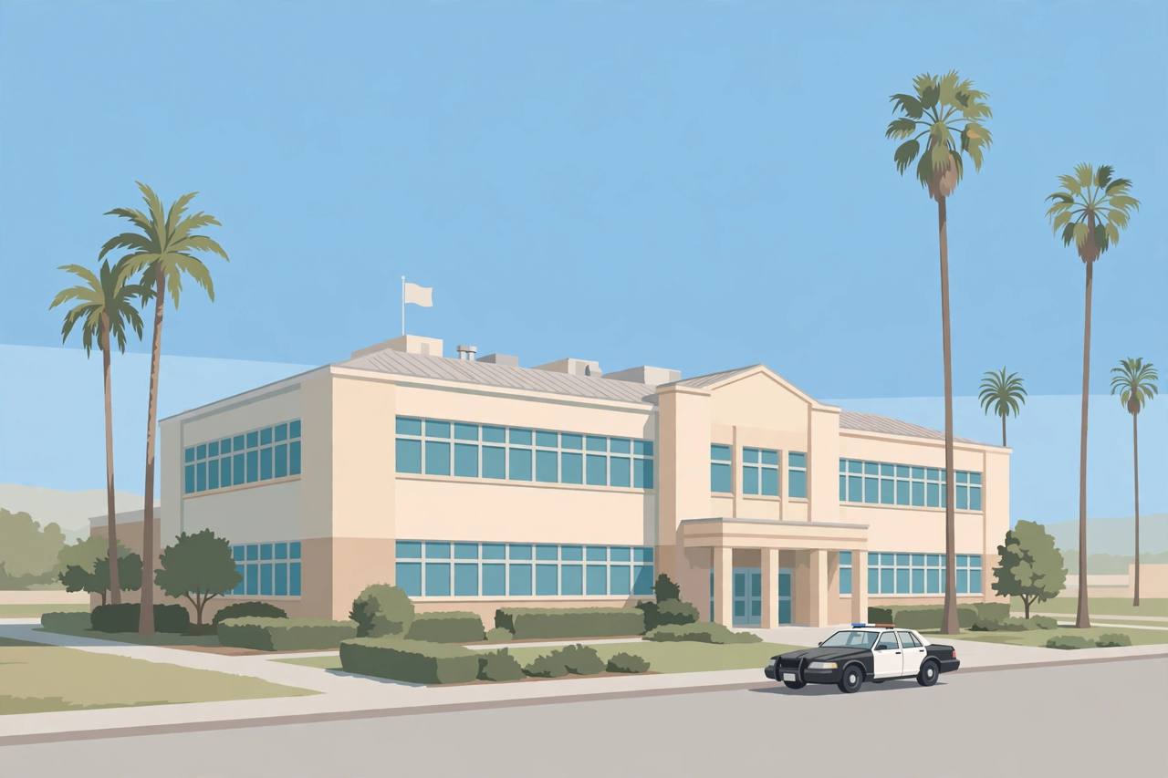 Editorial illustration of a generic California high school building with a police car parked calmly in front