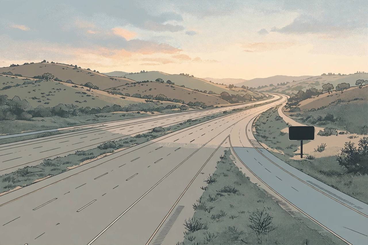 Editorial illustration of an empty California freeway at dawn near an exit ramp
