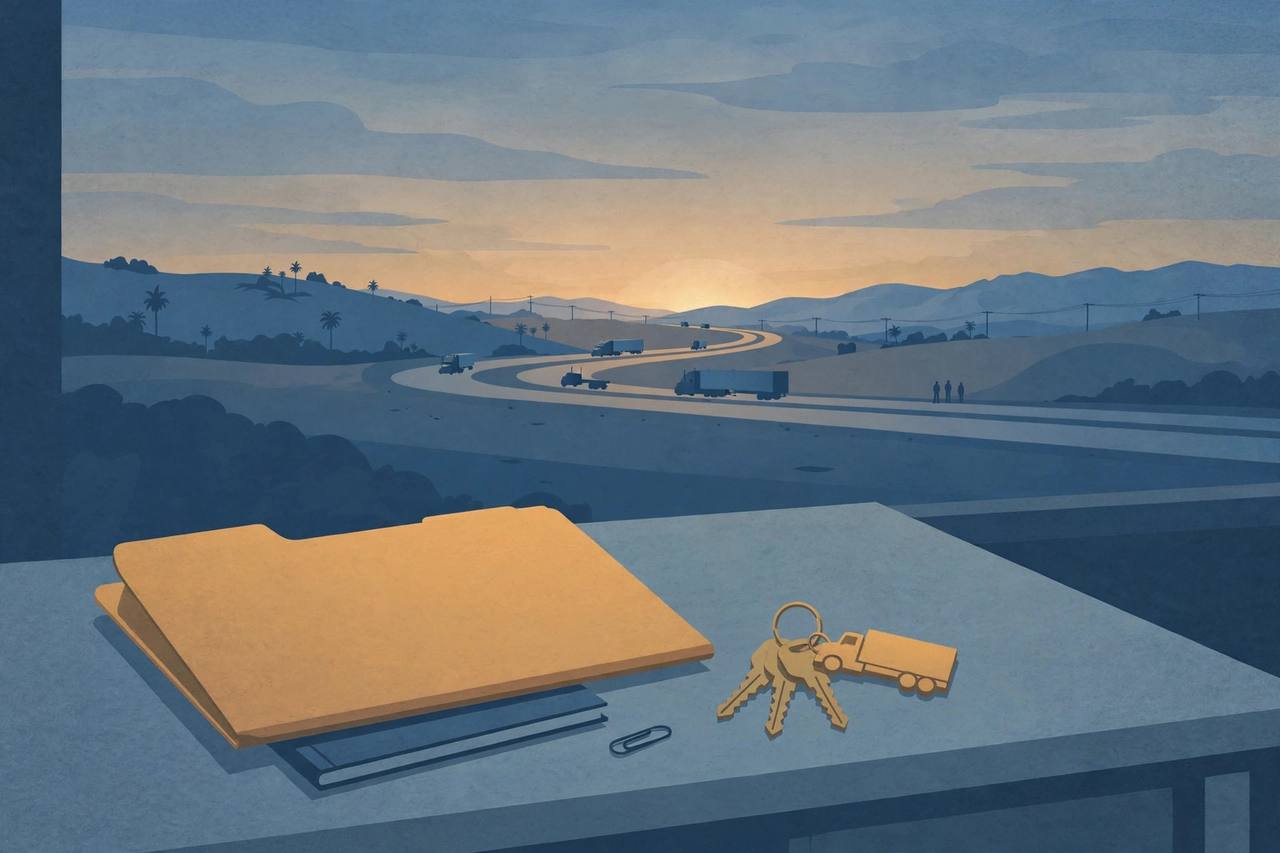 Editorial illustration of a quiet California highway at dusk with distant semi-trucks and a commercial driver licence file on a desk in the foreground; generic figures only, no real person's face, no crash depicted