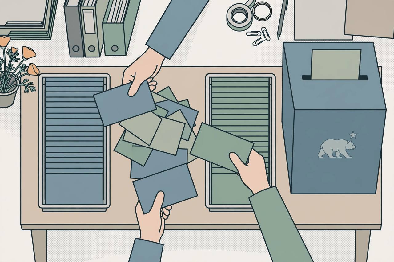 Editorial illustration of mail ballot envelopes being sorted into separate trays on a county election office table beside a ballot drop box, flat style, no people, no text