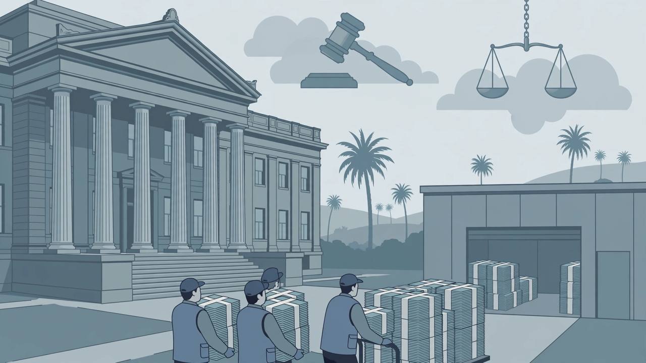 Editorial illustration of a federal courthouse with columns, election workers moving stacks of sealed mail-in ballot envelopes into a separate holding area, with palm trees in the background