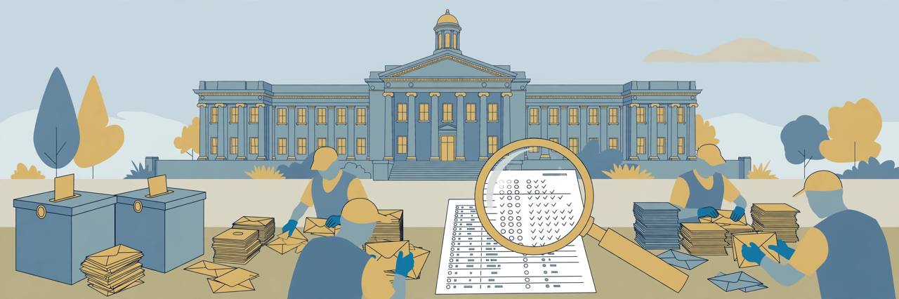 Editorial illustration of election workers sorting mail ballots in front of a California courthouse, with a magnifying glass over a voter list