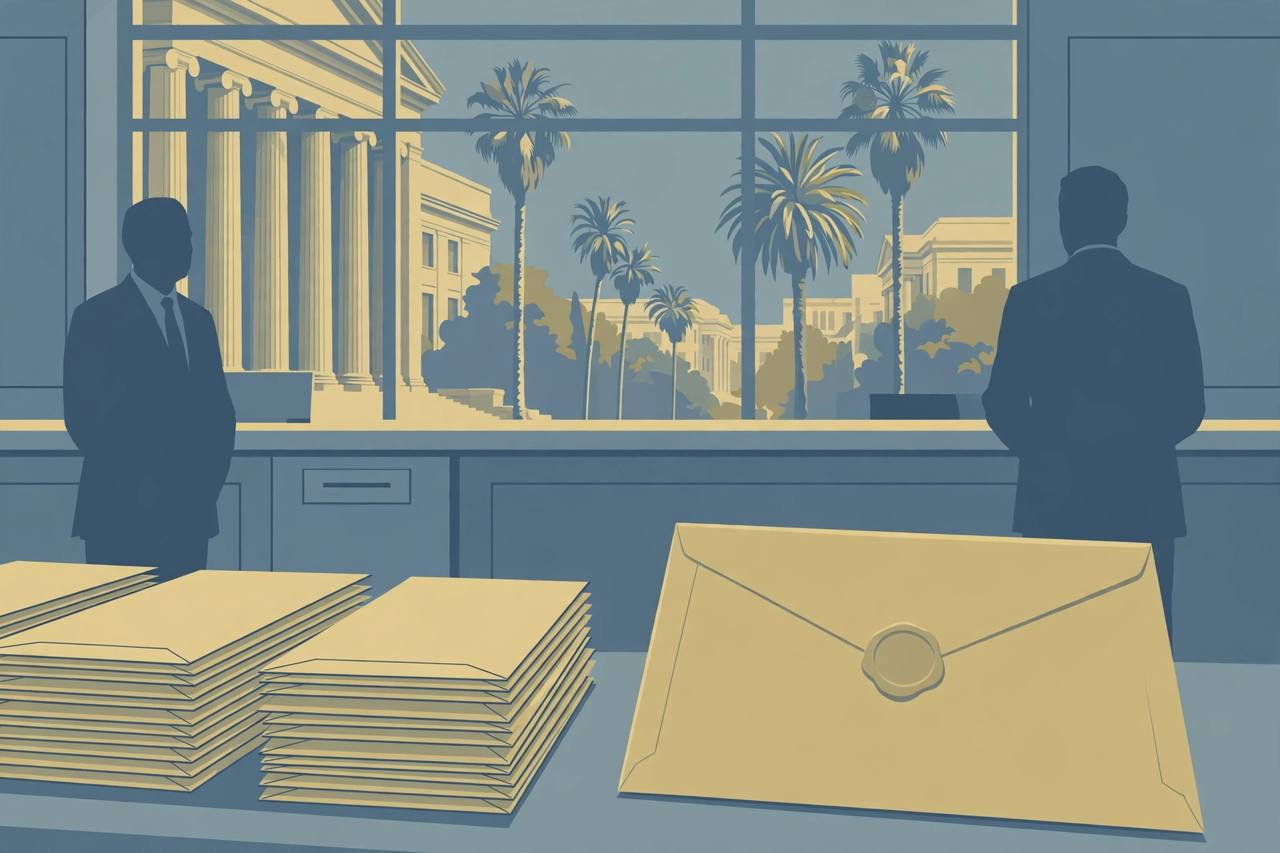 Editorial illustration of ballot envelope stacks and a large sealed legal envelope on an elections office counter with two generic official silhouettes and a courthouse with palm trees through the window