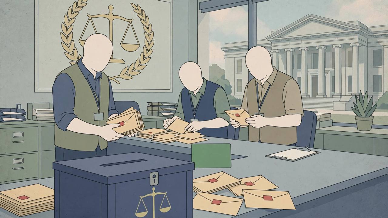 Editorial illustration of election workers handling mail-ballot envelopes beside a courthouse, flat style, no real person depicted