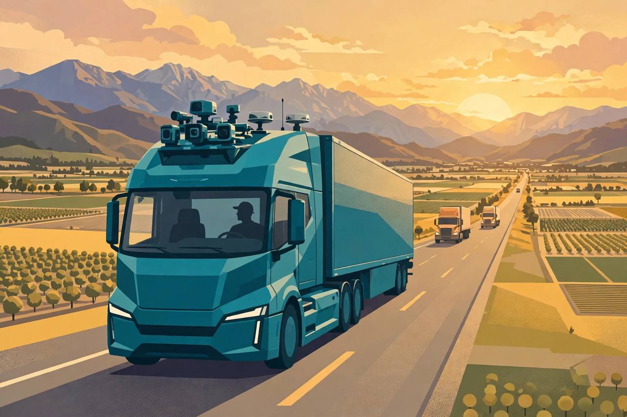 Editorial illustration of an autonomous semi-truck with roof sensors on a California Central Valley highway at golden hour, farmland and mountains behind, a generic safety operator silhouette in the cab