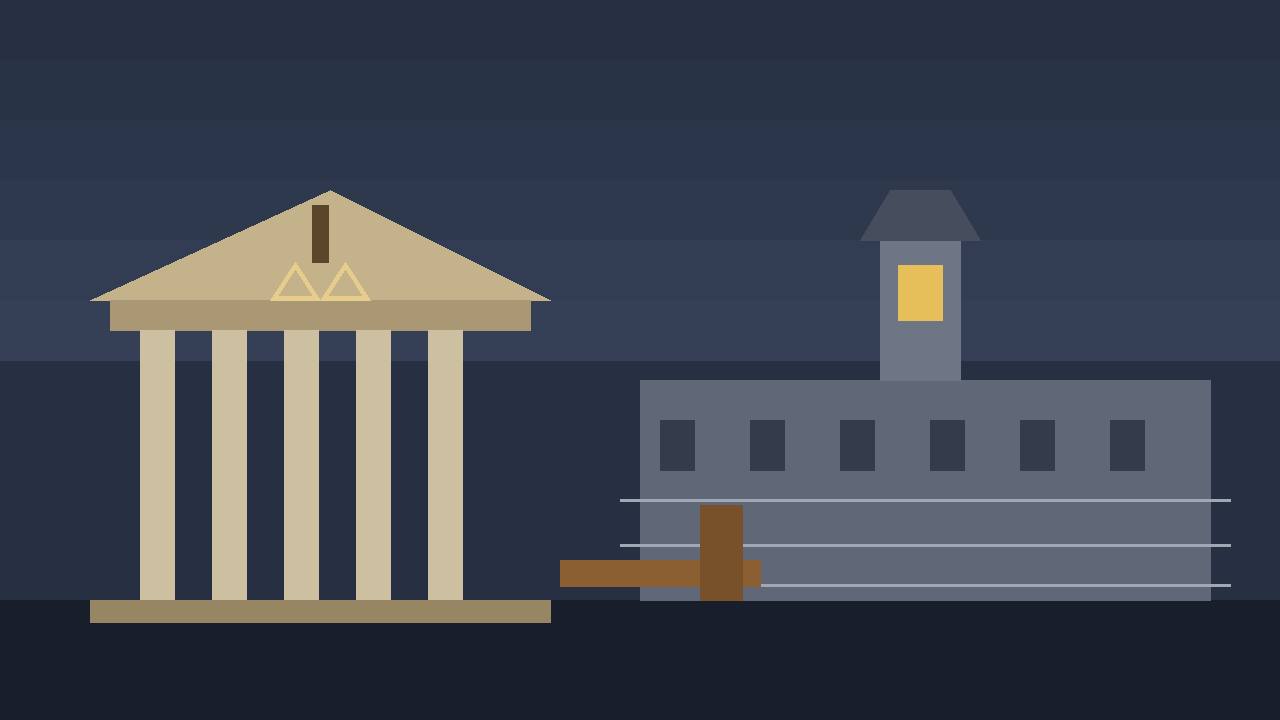 Editorial illustration of a courthouse and a prison watchtower, symbolising the federal court case over abuse at FCI Dublin in California