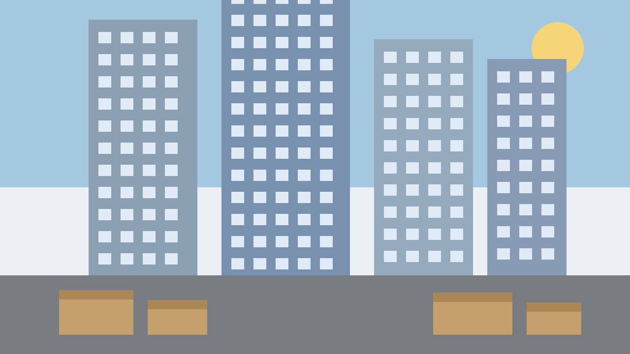 Editorial illustration of generic office towers and parcels in a California city, flat style, no logos, no text, no real person or place depicted