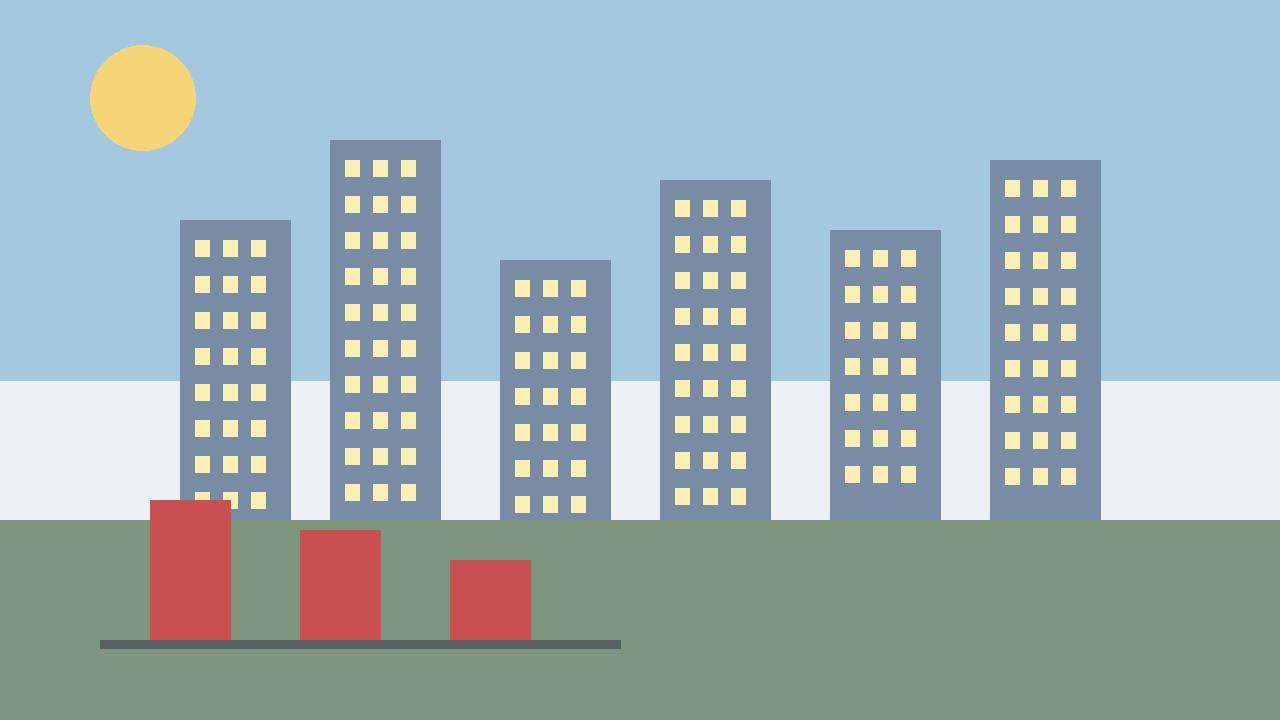 Editorial illustration of generic office towers and a falling jobs chart, flat style, no text, no real person or place depicted