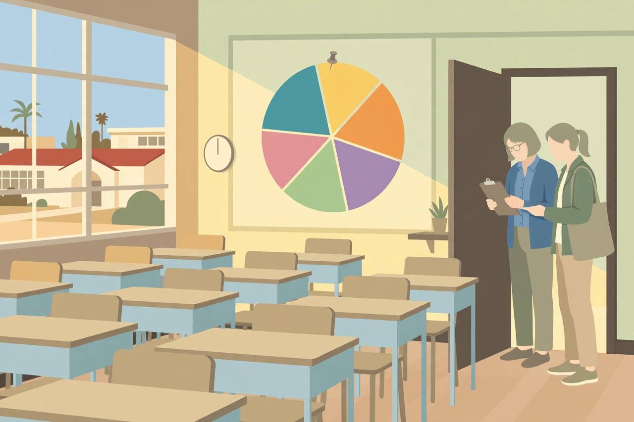 Editorial illustration of an empty California classroom with a colour-segmented wheel diagram on the wall and two generic adult figures reviewing a clipboard at the door