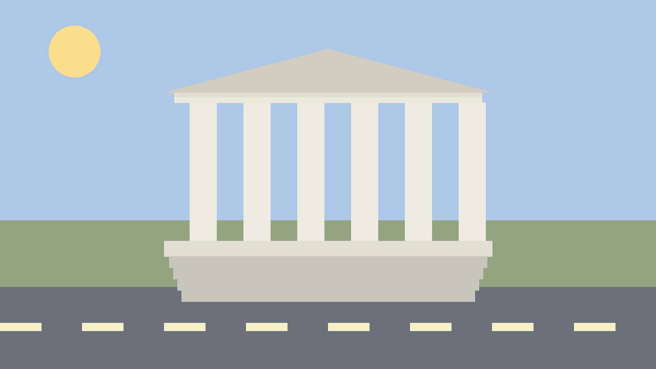 Editorial illustration of a generic courthouse with columns and steps, flat style, no people, no text, no real place depicted