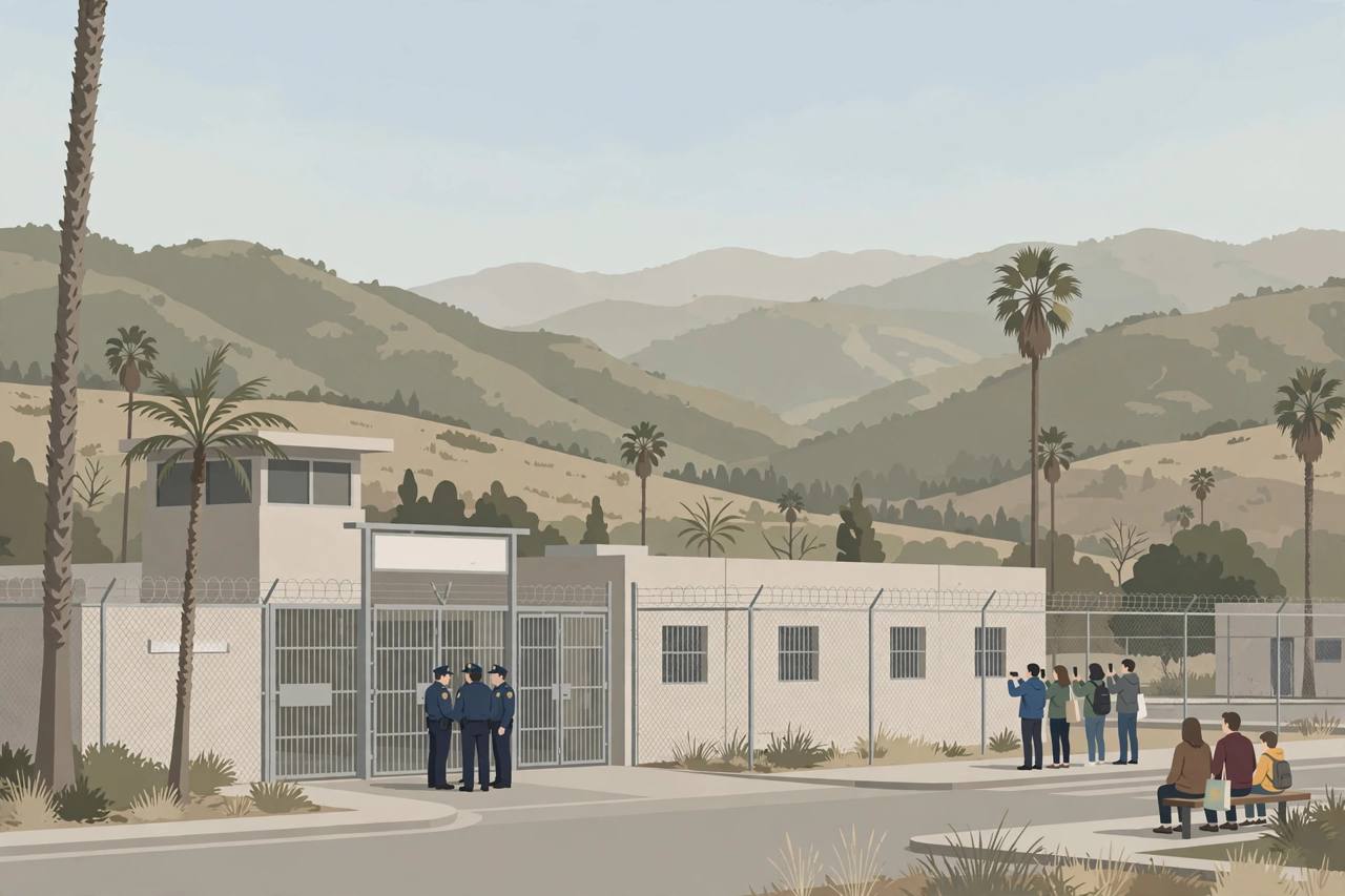 Editorial illustration of a generic California county jail exterior with generic federal agents in a public area and community advocates watching from a distance, flat style, no real person depicted