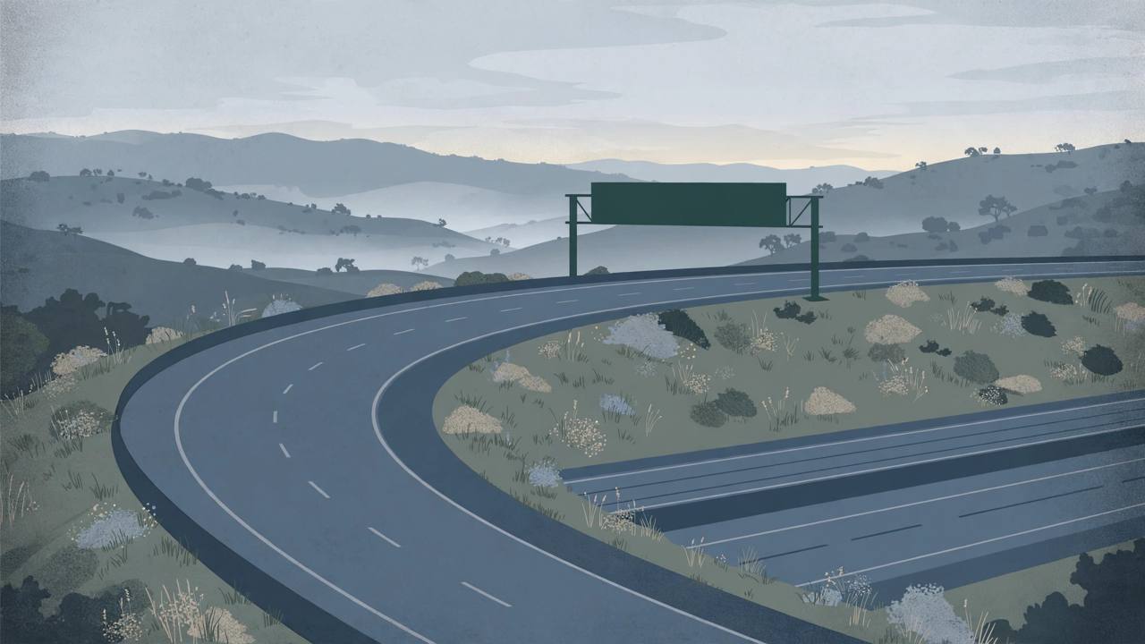 Editorial illustration of an empty curved freeway on-ramp at dawn merging toward Interstate 80 in Northern California