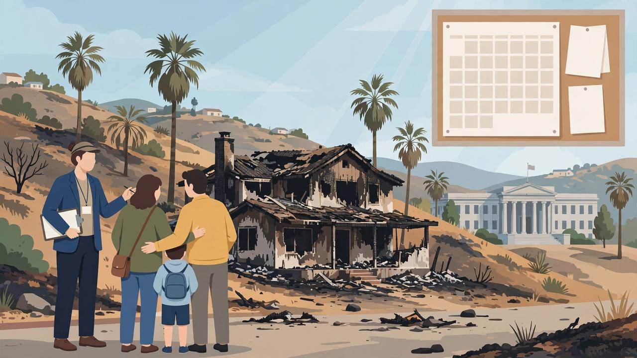 Editorial illustration of a disaster case worker with a clipboard helping a generic family in front of a fire-damaged Los Angeles home, with a calendar in the background