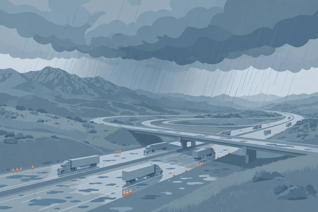 Editorial illustration of trucks on a wet Interstate 5 near Bakersfield and the Grapevine under heavy rain clouds