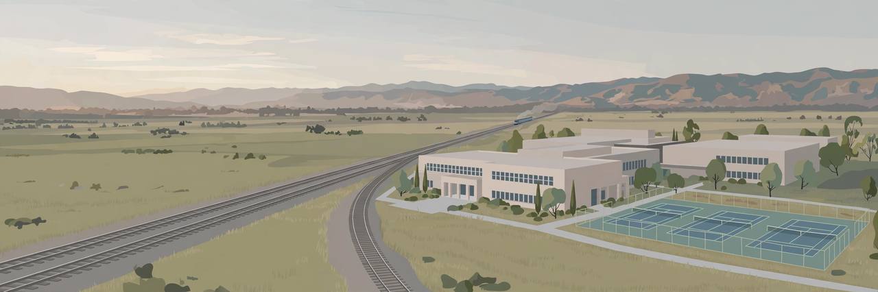 Editorial illustration of empty railroad tracks beside a generic college campus building in Fresno, no people and no incident depicted, flat style