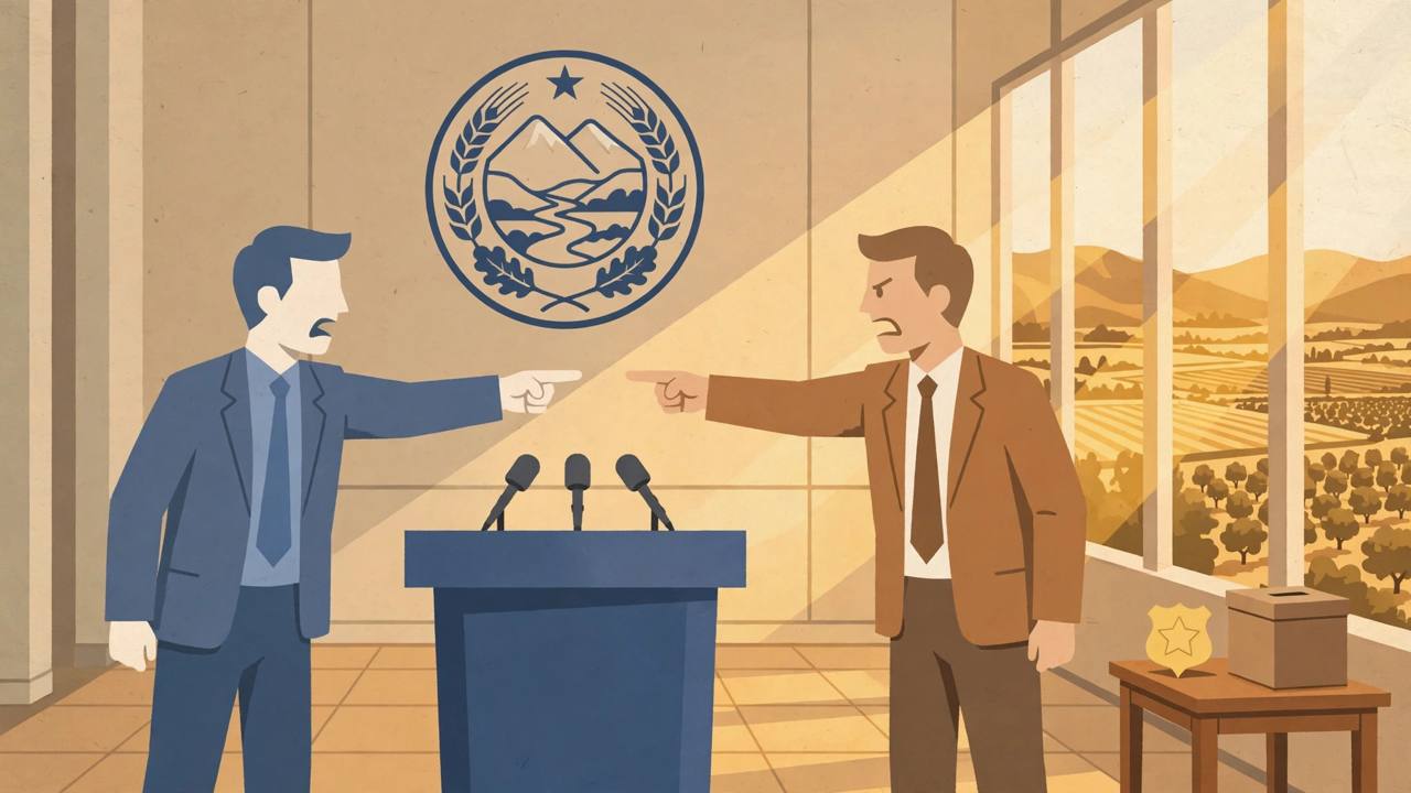 Editorial illustration of two generic city officials pointing fingers at each other across a press conference podium in a California city hall, with a ballot box on a side table