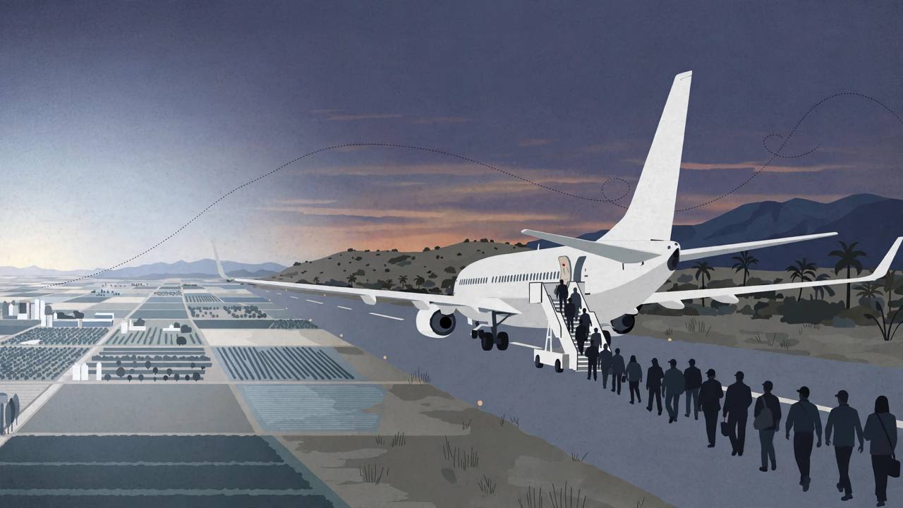 Editorial illustration of a deportation flight at dusk with generic silhouetted figures in work clothes walking from a white plane, farmland in the distance and a dotted route line in the sky