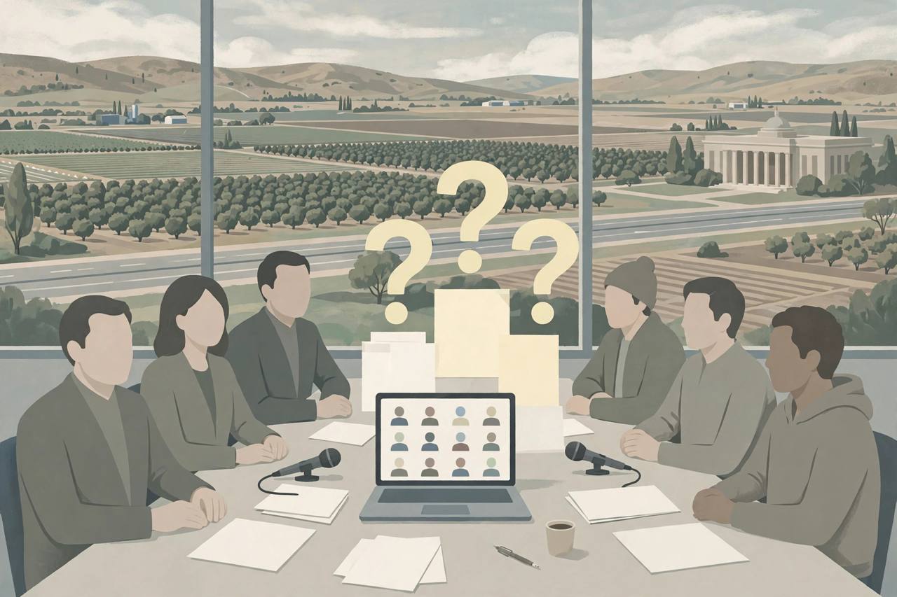 Editorial illustration of generic lawmakers and community members at a press conference in California farmland with a highway, flat style, no real person