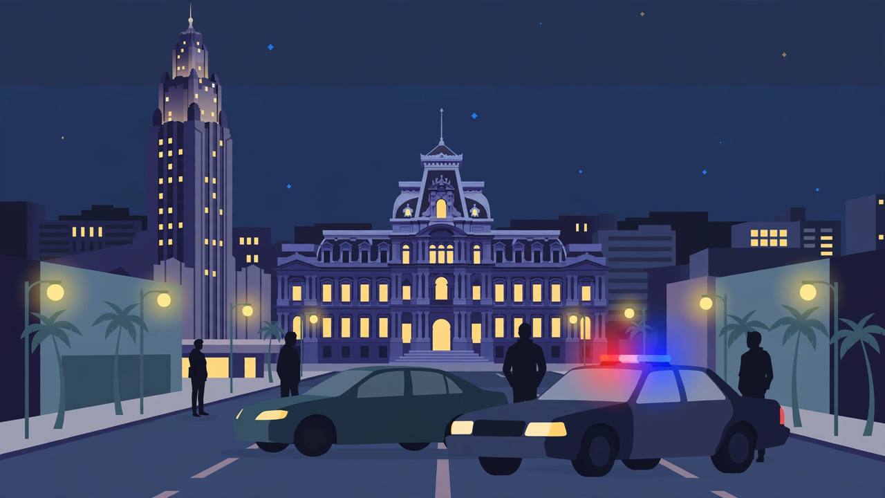 Editorial illustration of a generic Fresno street at night with a police car stopped beside a sedan in front of a city building, flat style, no real person or incident depicted