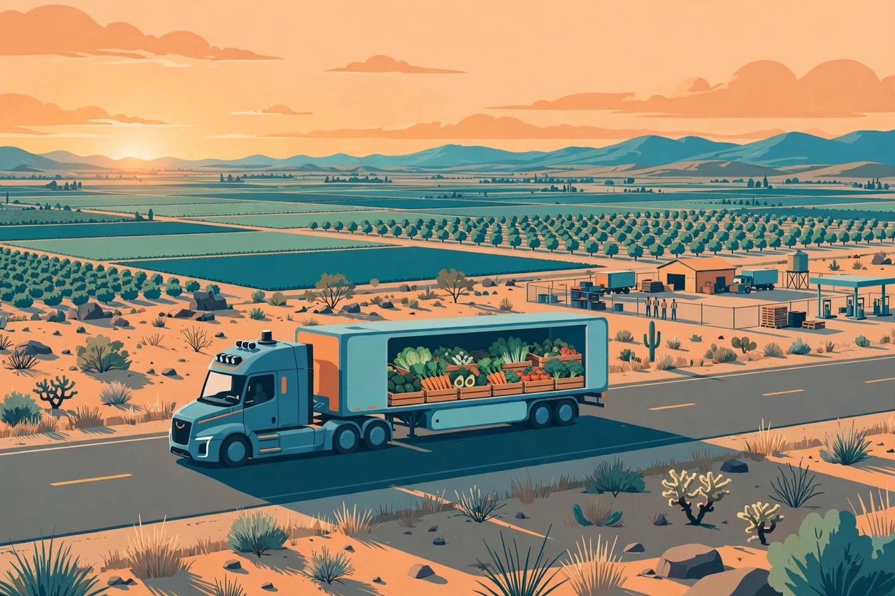 Editorial illustration of a driverless autonomous semi-truck hauling fresh produce through California farmland at dawn with a small family trucking yard in the background